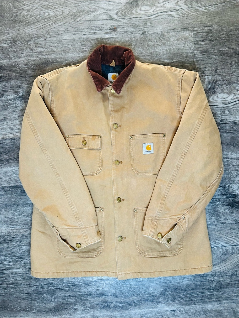 Carhartt Tan Work Jacket with Brown Corduroy Collar